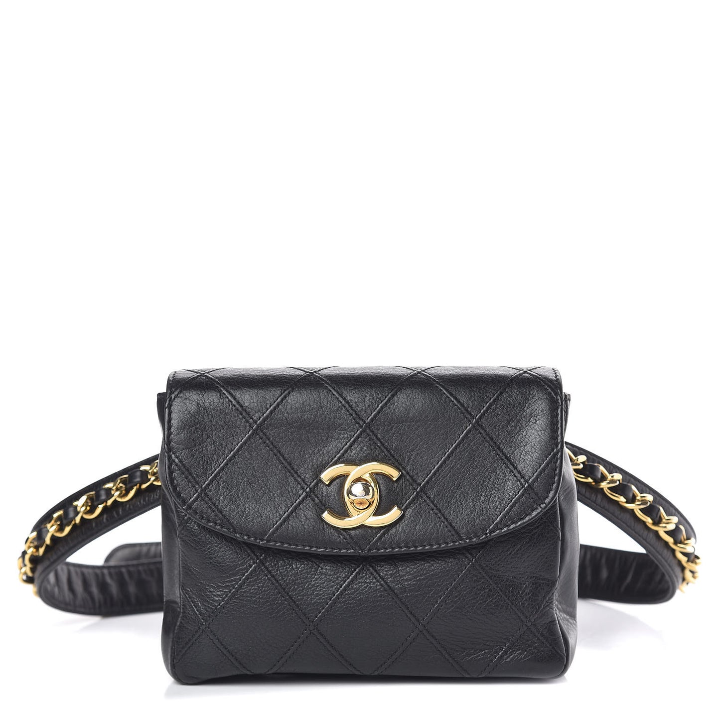 Calfskin Quilted Flap Waist Belt Bag Black
