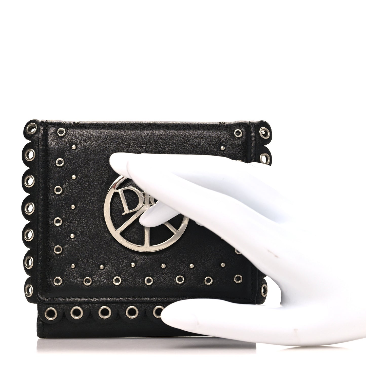 Calfskin Studded Peace Compact Wallet Black
