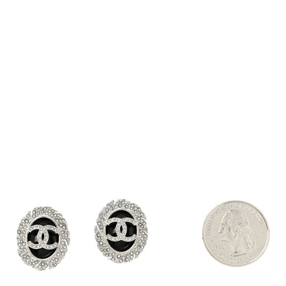Chanel Metal Resin Crystal CC Oval Earrings Silver Black 2 of 5