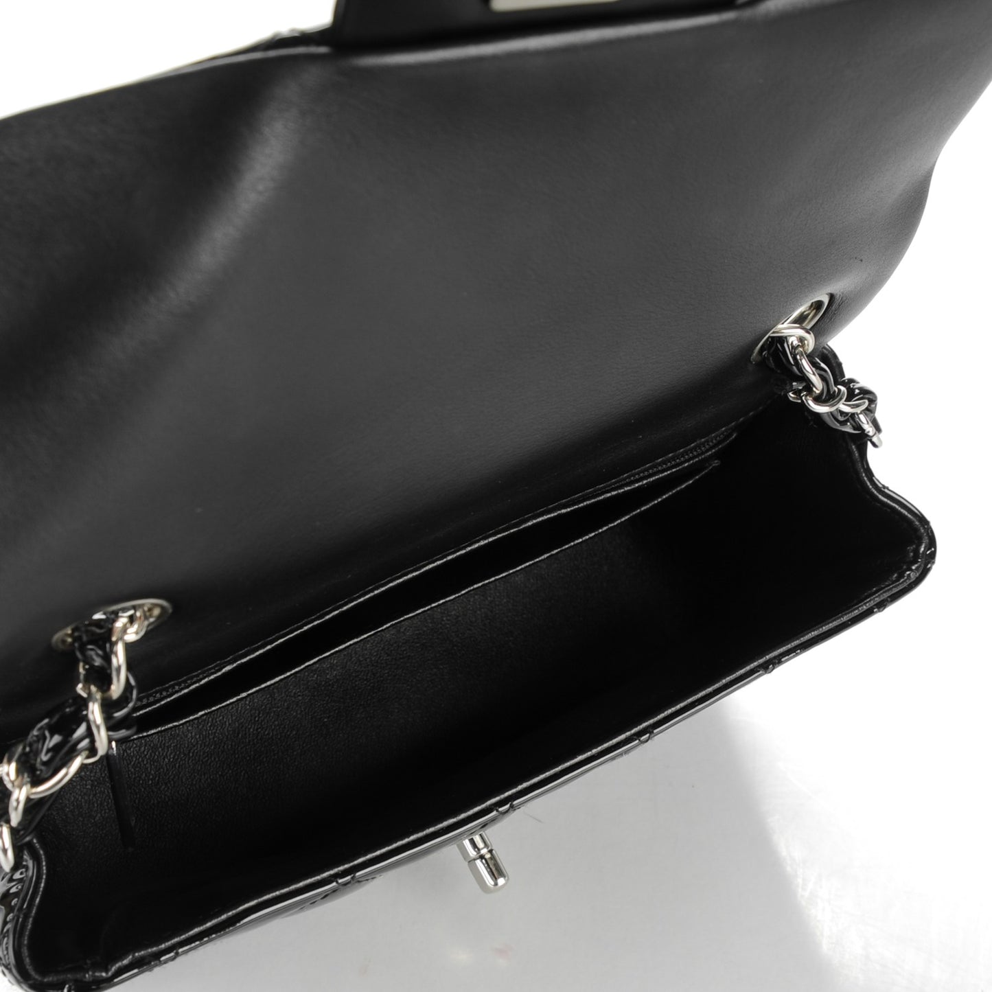 Patent Calfskin Quilted Mini Rectangular Flap Black
