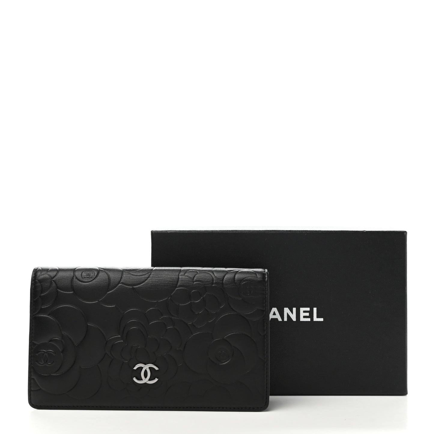 Lambskin Camellia Embossed Yen Wallet Black