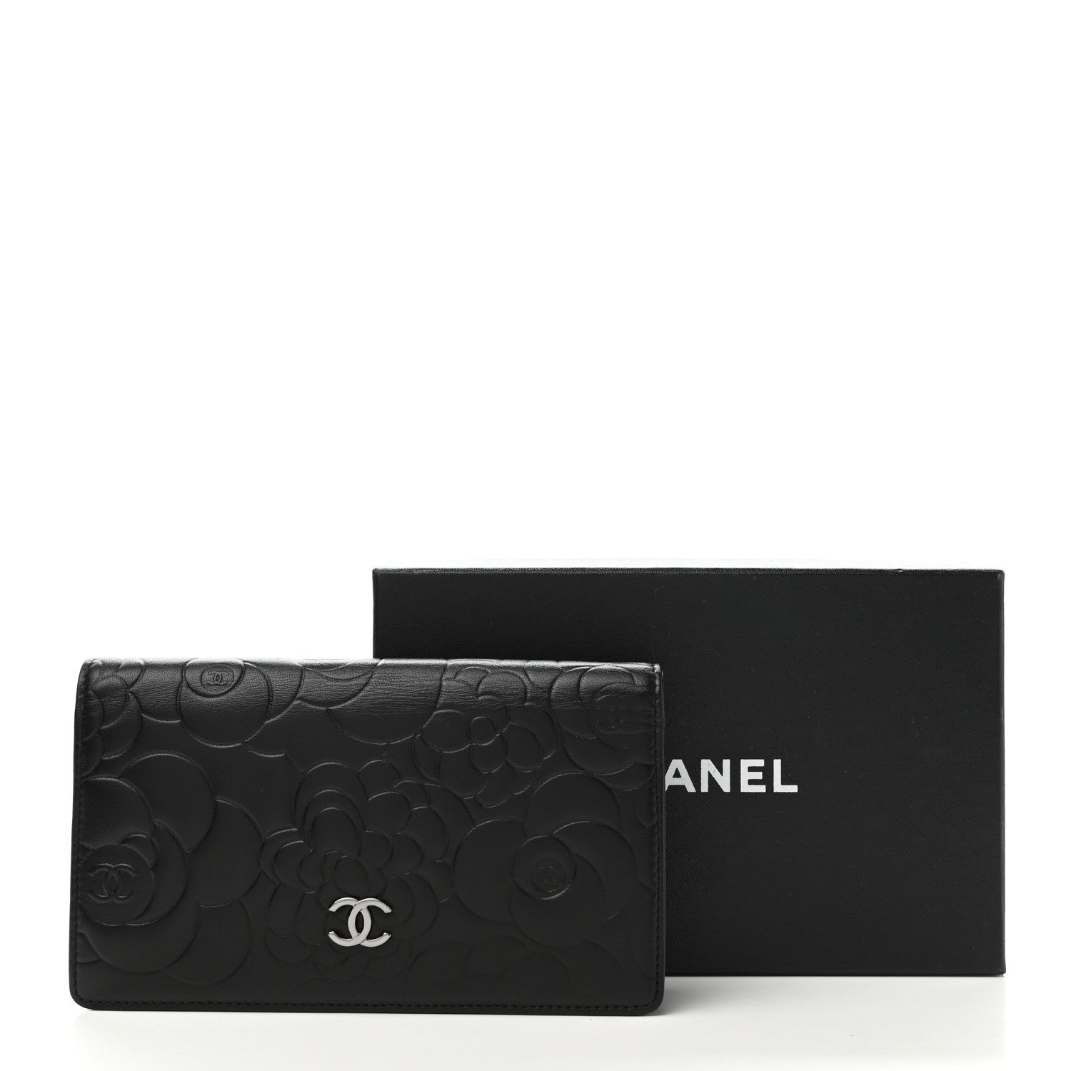 Chanel Lambskin Camellia Embossed Yen Wallet Black 10 of 10