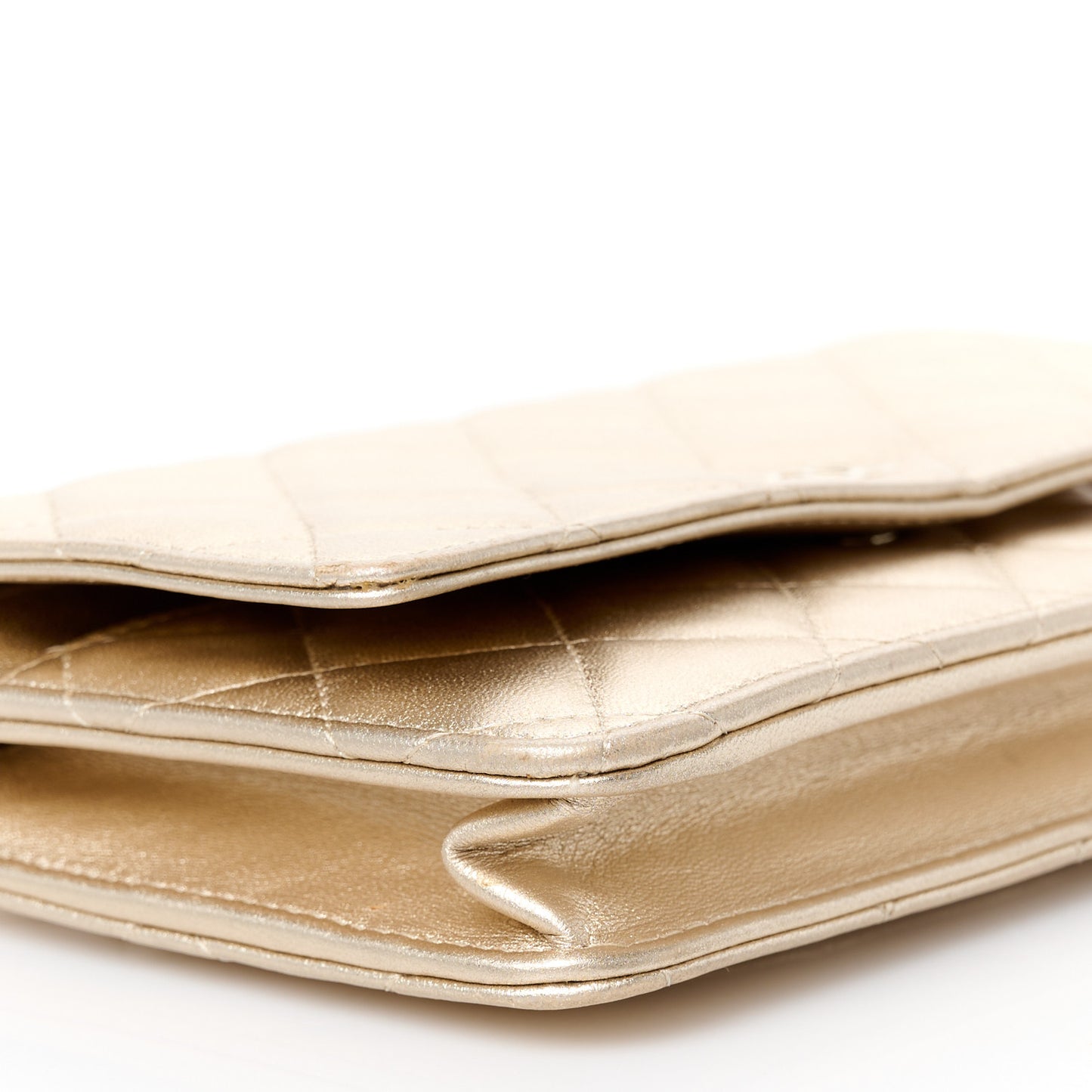 Metallic Lambskin Quilted Wallet On Chain WOC Gold
