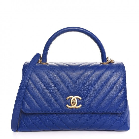 Caviar Chevron Quilted Small Coco Handle Flap Blue