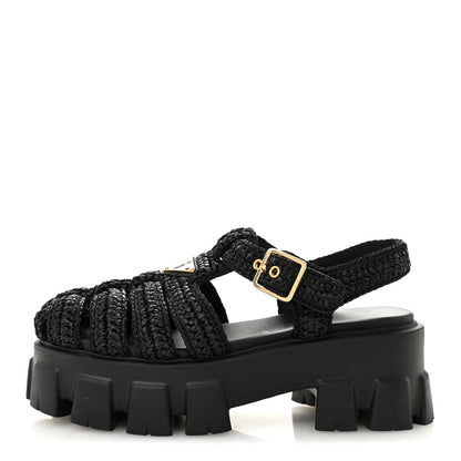 Prada Raffia Metal Triangle Logo Crochet Monolith 55mm Cage Sandals 36 Black 1 of 10