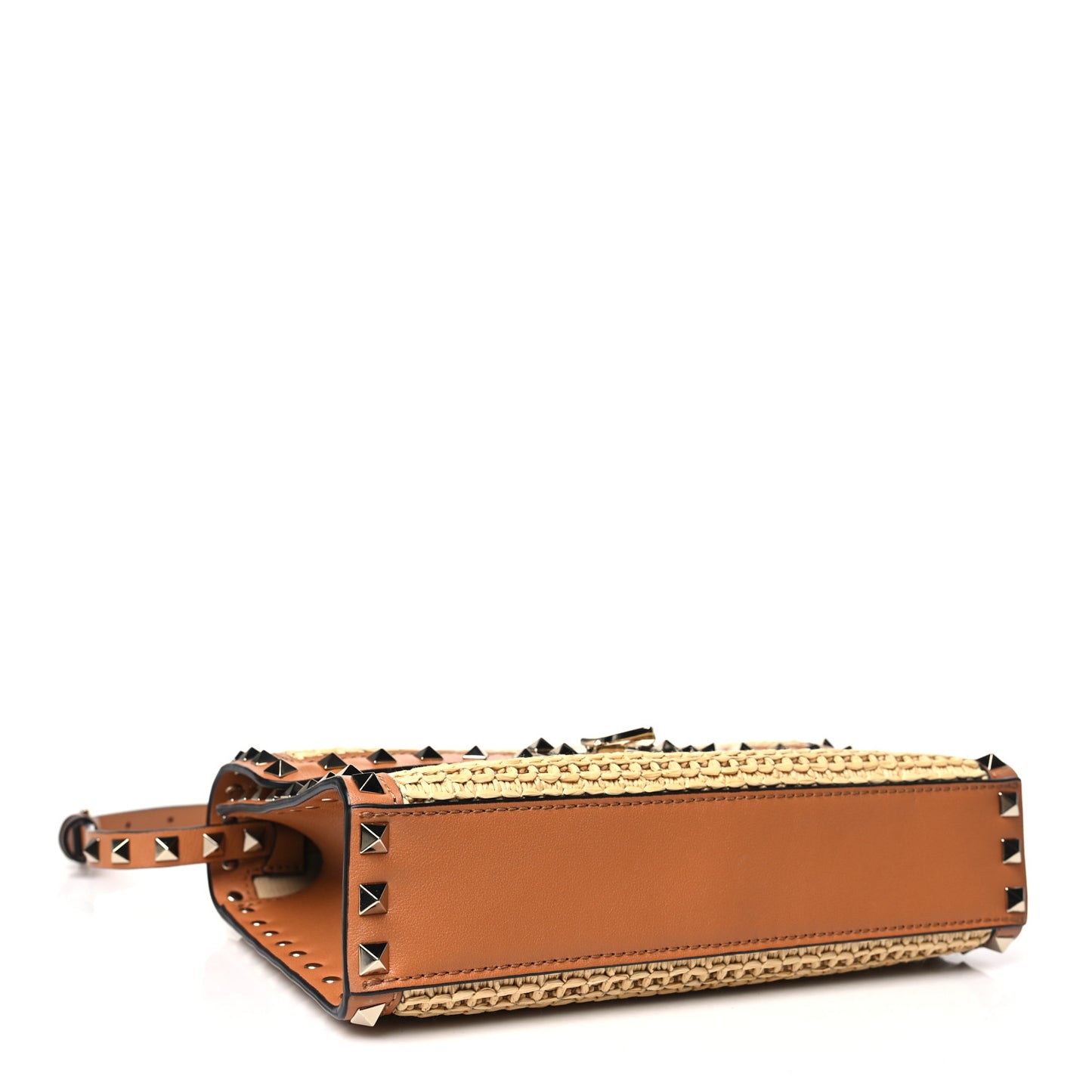 Raffia Calfskin Small Rockstud Flip Lock Crossbody Bag Natural Saddle Brown
