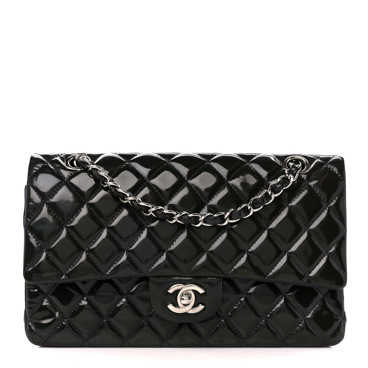 Patent Calfskin Quilted Bi-Color Medium Double Flap Navy Blue Black