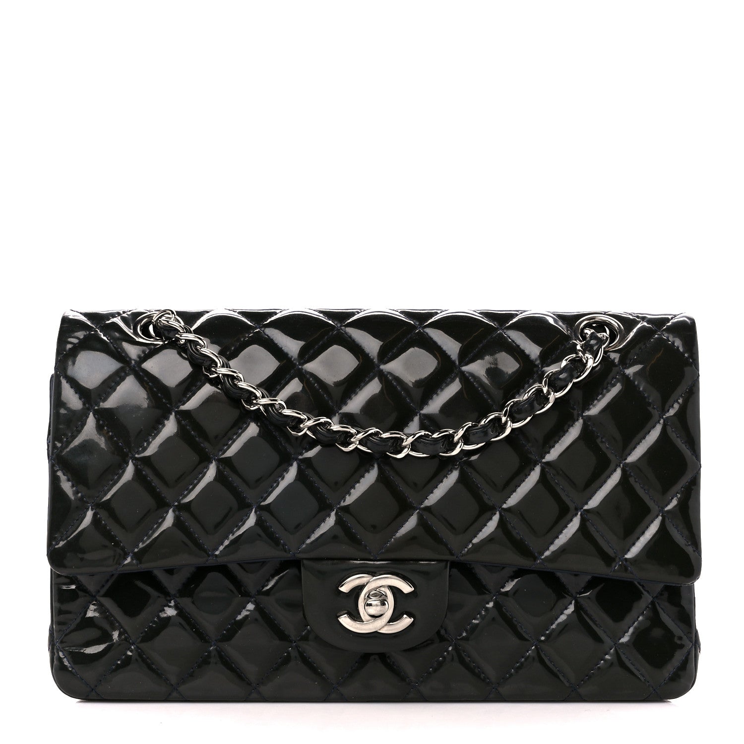 Chanel Patent Calfskin Quilted Bi-Color Medium Double Flap Navy Blue Black 1 of 11