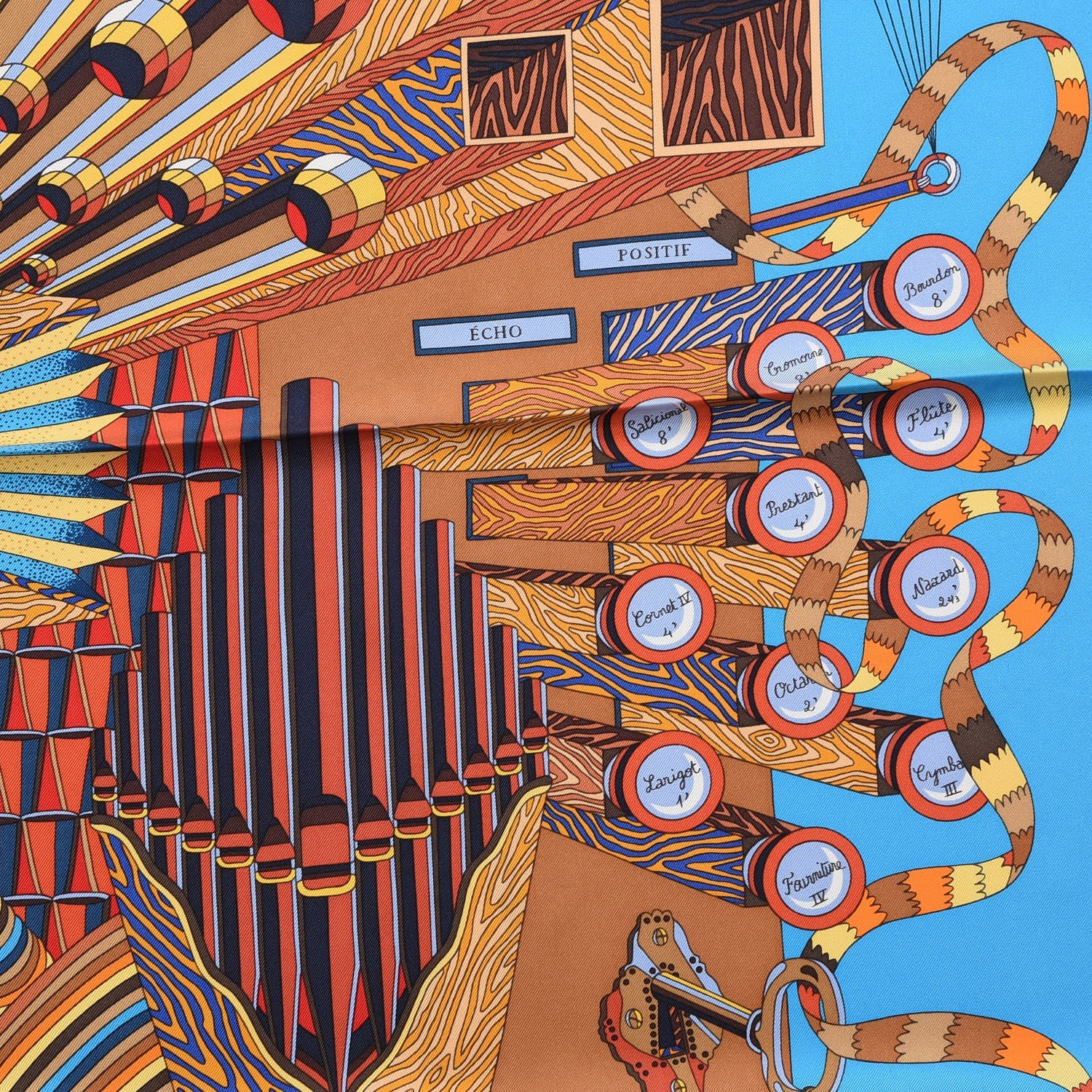 Hermes Silk Point D'Orgue Scarf 90 Bleu Azur Marron Juane D'or 8 of 9