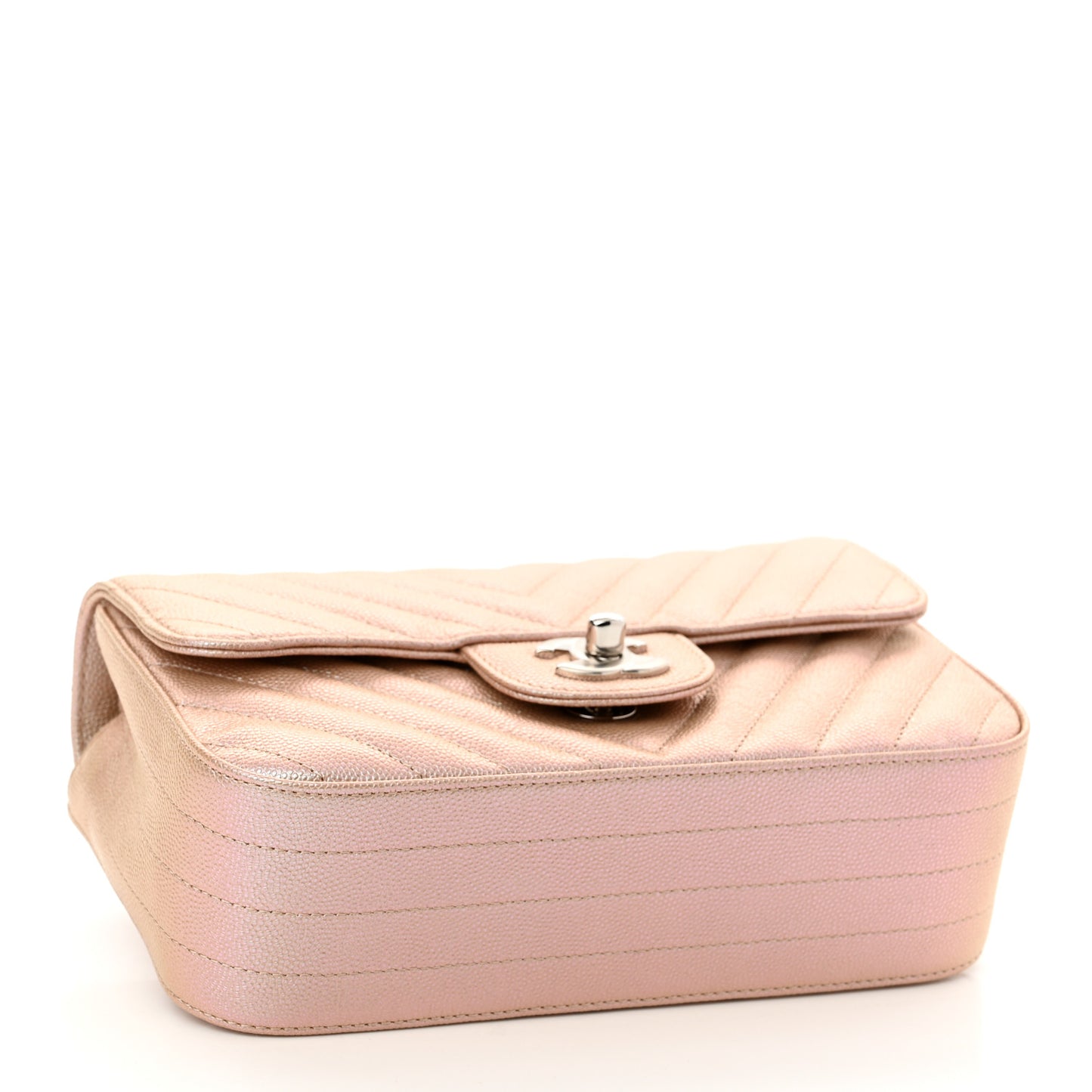 Iridescent Caviar Chevron Quilted Mini Rectangular Flap Light Gold