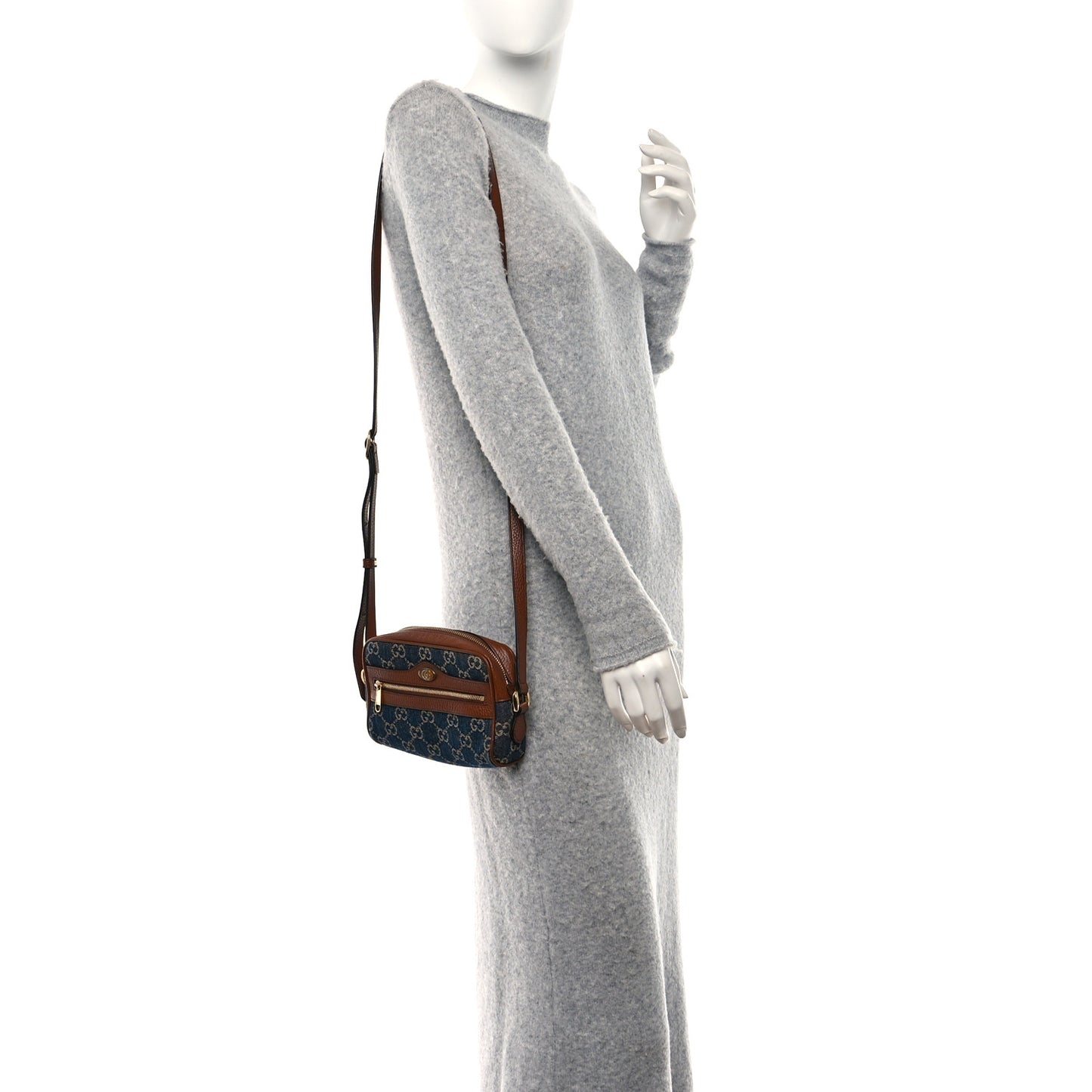 New Denim GG Monogram Dollar Calfskin Mini Ophidia Shoulder Bag Blue Tea Cuir Epilog