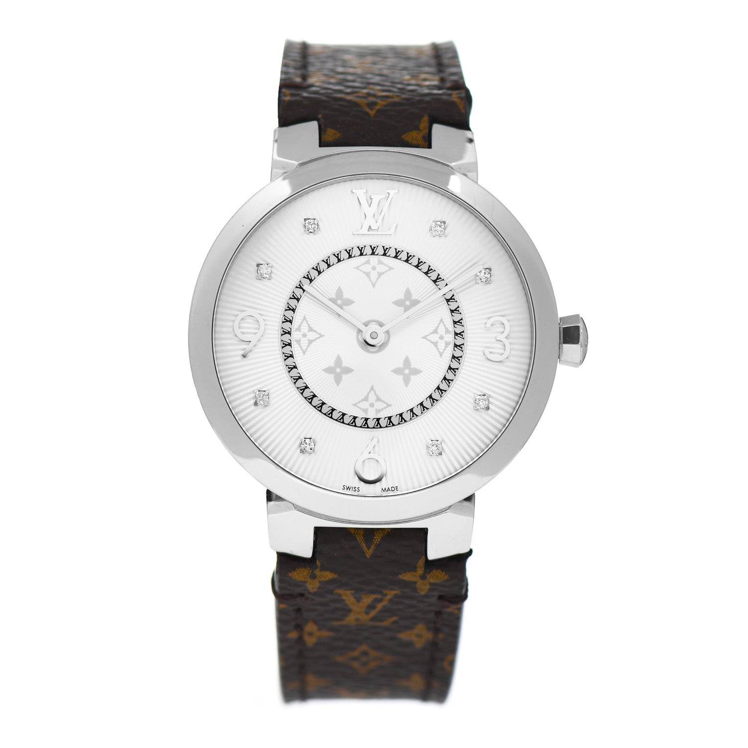 Louis Vuitton Stainless Steel Monogram Diamond 33mm Tambour Slim Quartz Watch 1 of 4