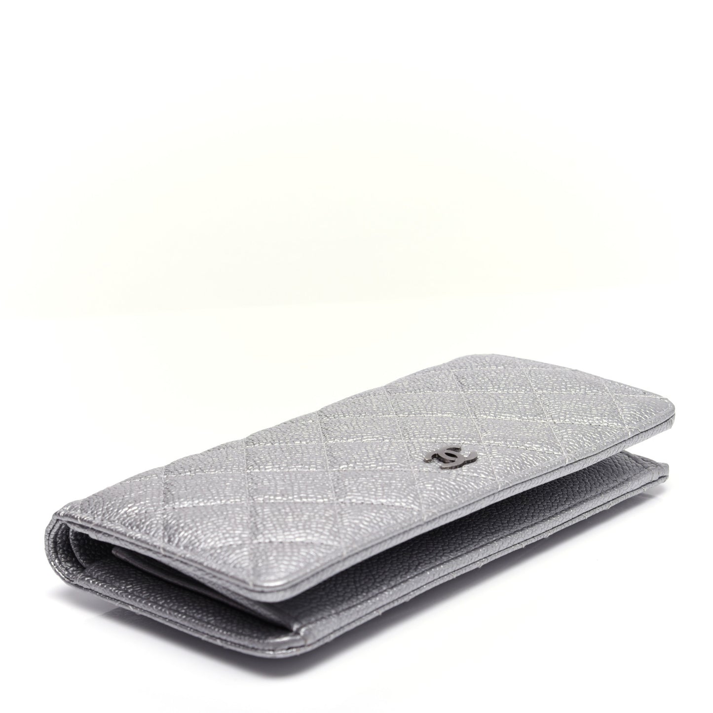 Metallic Caviar Quilted Yen Wallet Silver