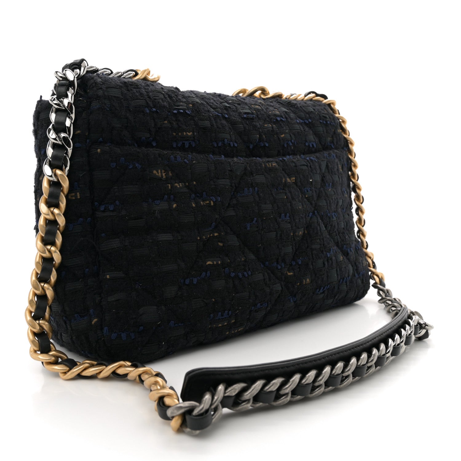 Chanel Tweed Quilted Large Chanel 19 Flap Black Navy Gold 3 of 12