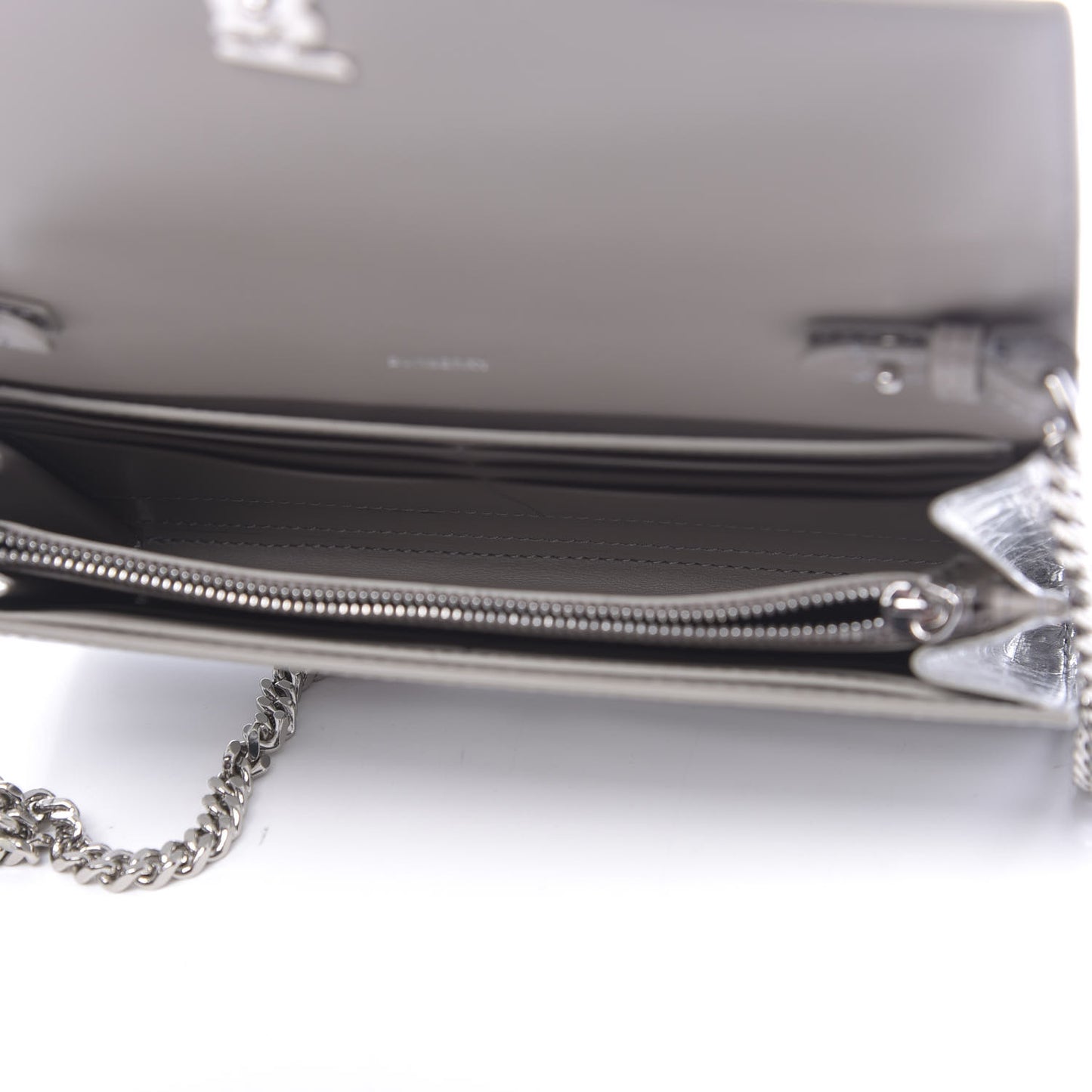 Metallic Calfskin Crocodile Embossed Hannah Wallet On Chain Silver