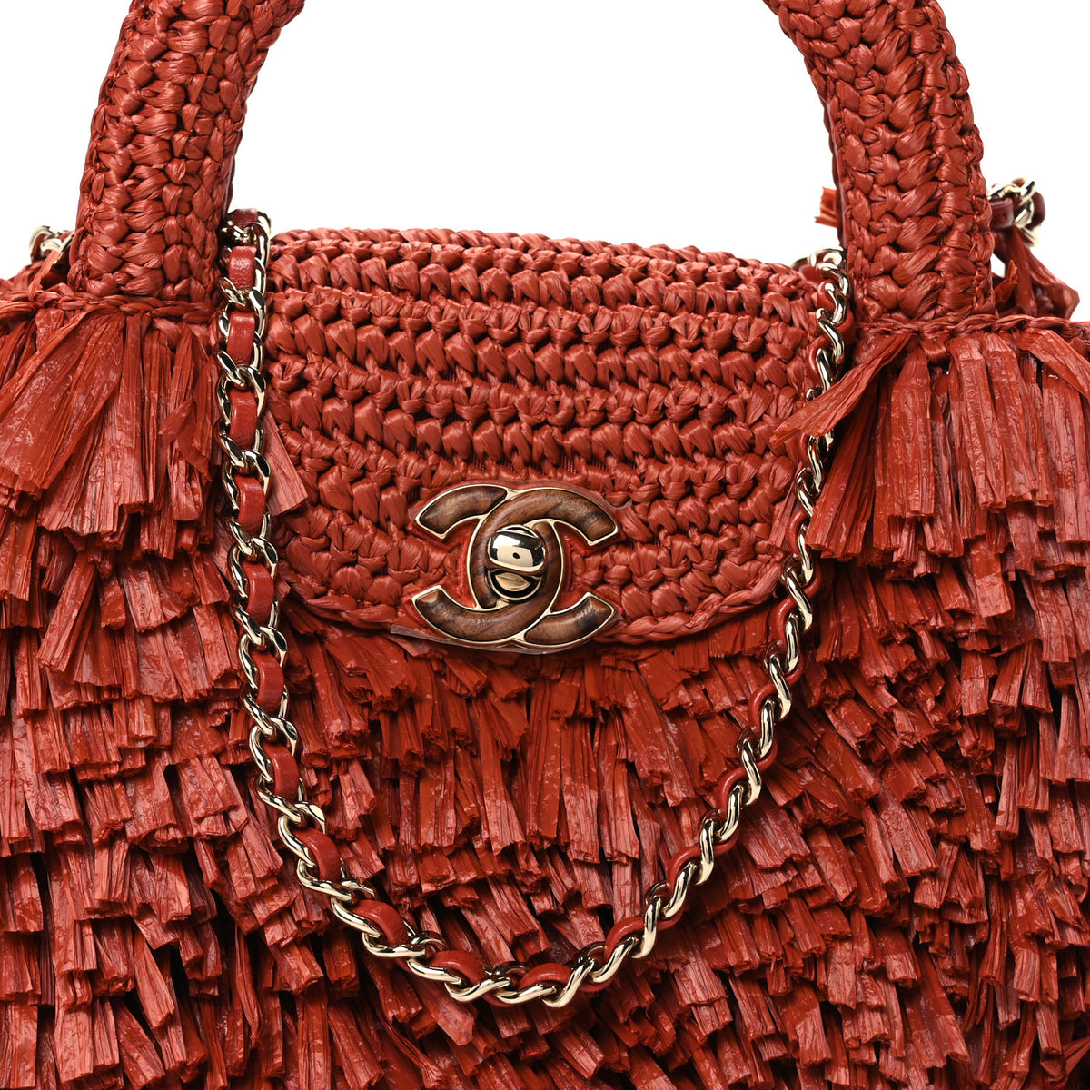 Raffia Fringe Nano Kelly Shopper Red