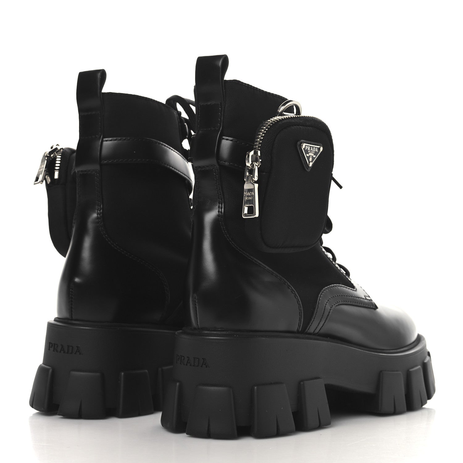 Prada Spazzolato Rois Re-Nylon Metal Triangle Logo Monolith Pouch Pocket 55mm Boots 39.5 Black 4 of 9