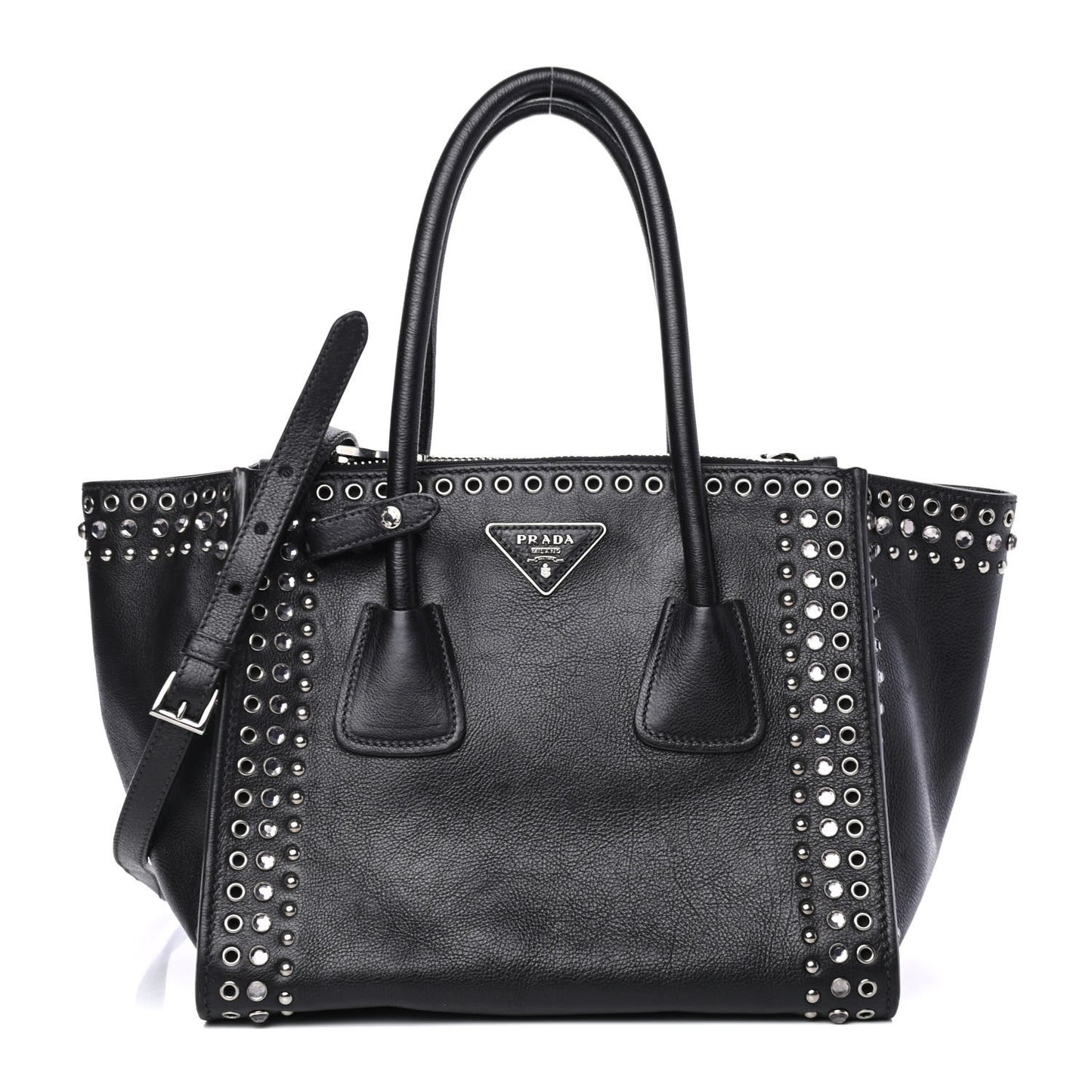 Glace Calf Crystal Studded Crystal Twin Pocket Tote Black