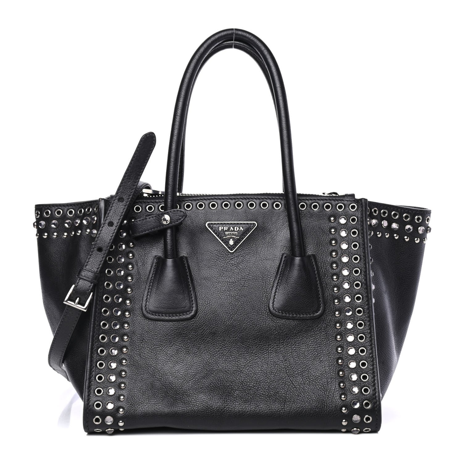 Prada Glace Calf Crystal Studded Crystal Twin Pocket Tote Black 1 of 5