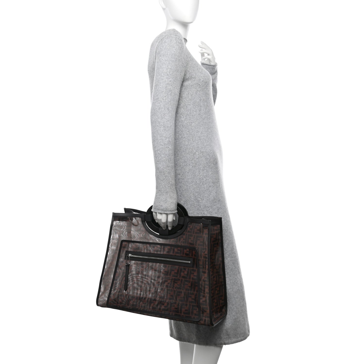 Fendi Mesh Vitello Century Cuoio FF 1974 Medium Runaway Shopper Tote Marrone Black Ebano 2 of 12