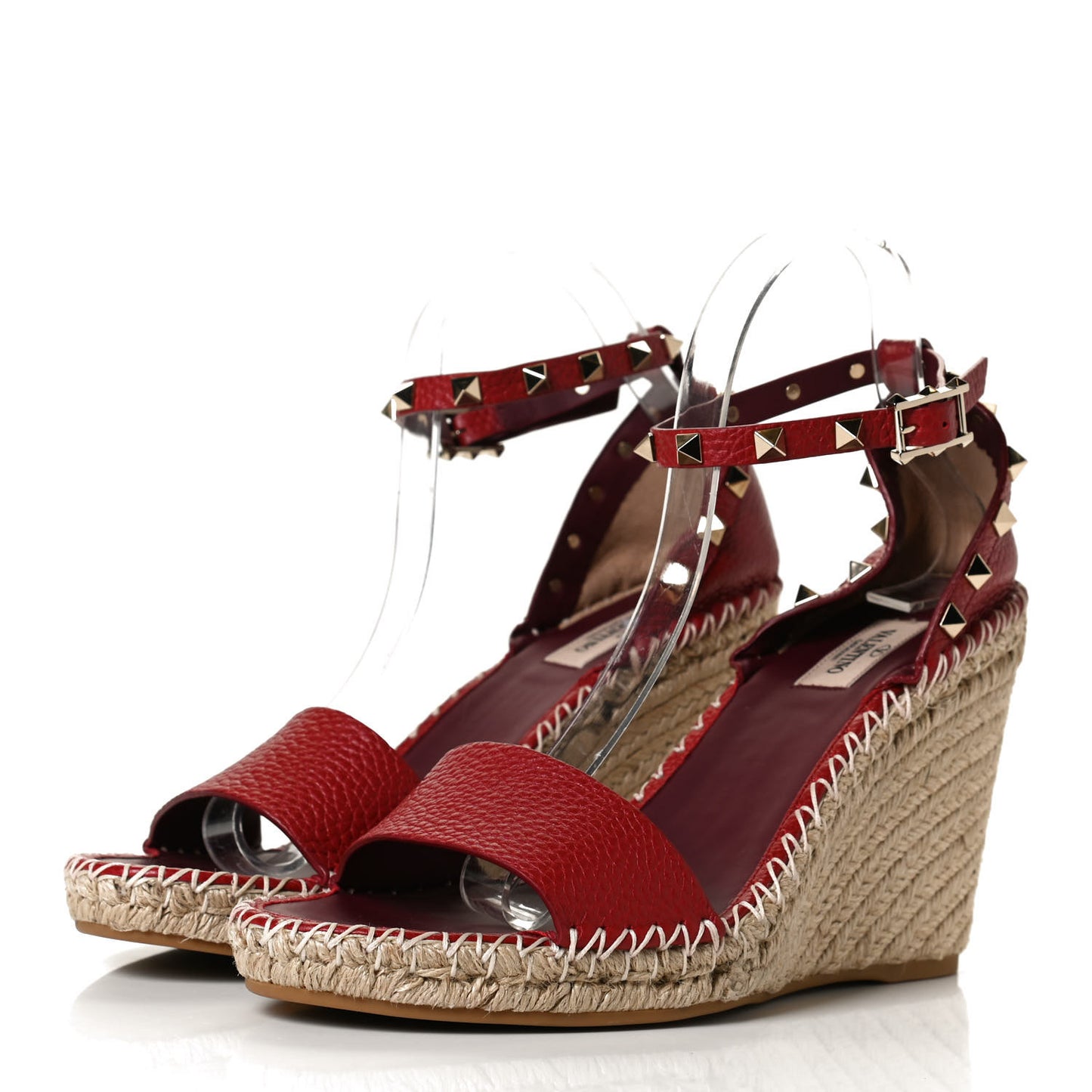 Grained Calfskin Rockstud Ankle Strap Espadrille 15/105mm Wedge Sandals 41 Rosso Valentino Natural
