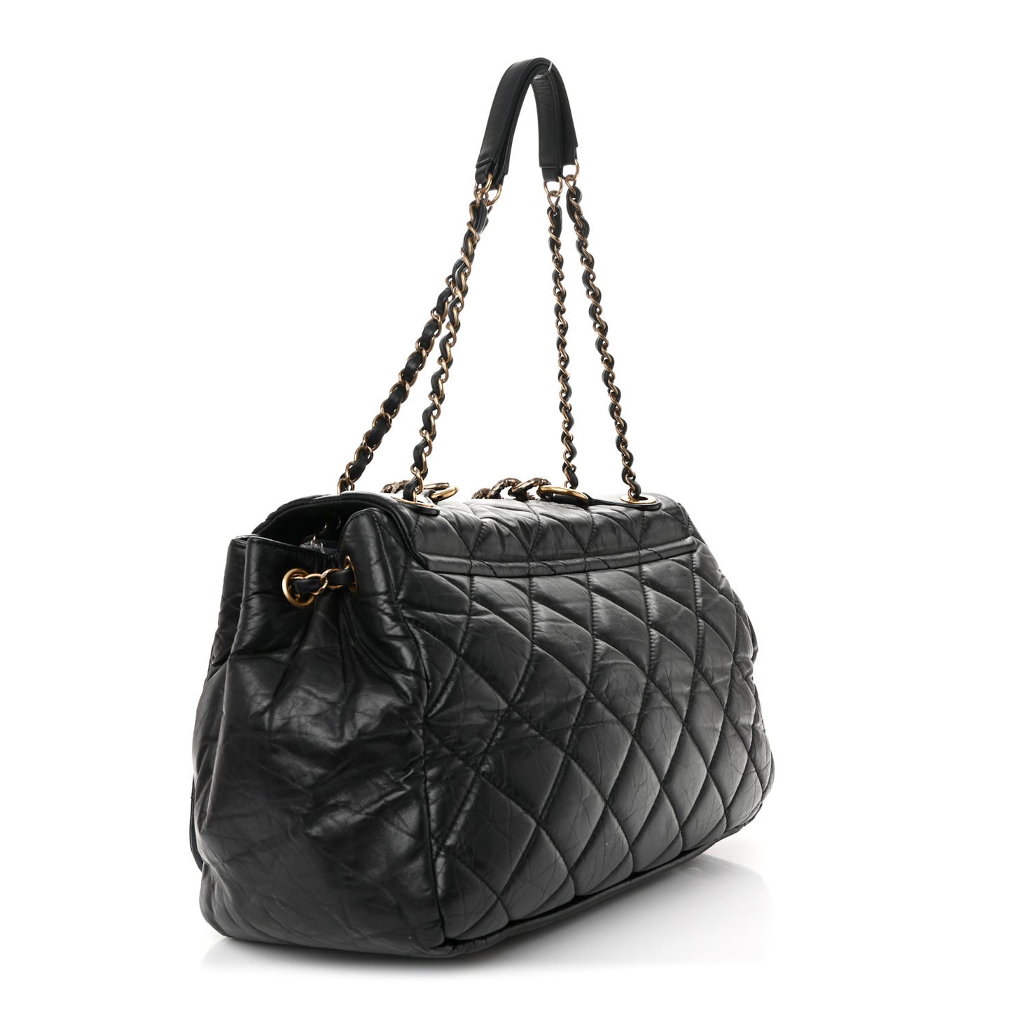 Aged Calfskin Quilted Large Pondichery Flap Black