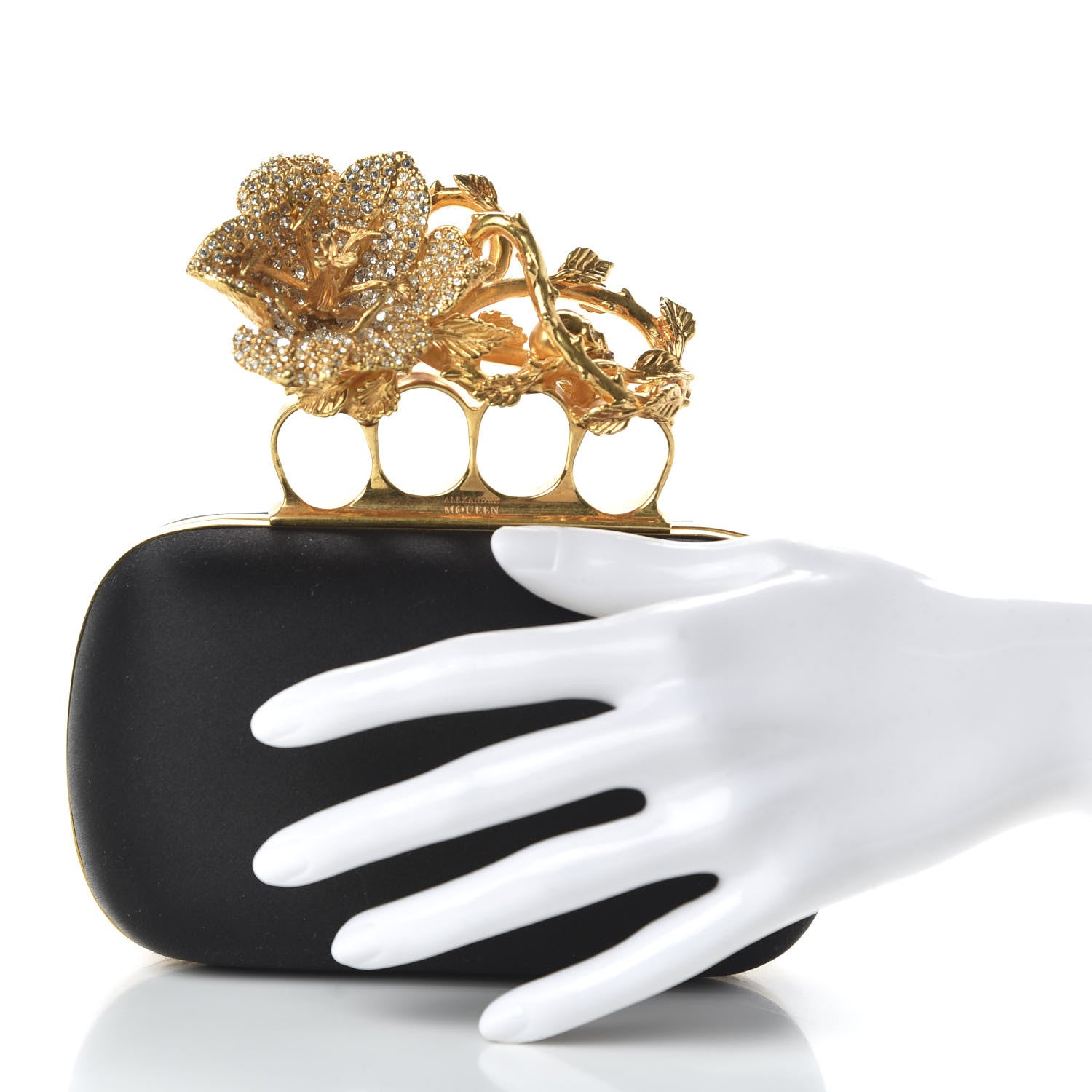 Alexander McQueen Satin Floral Knuckle Duster Box Clutch Black 2 of 8
