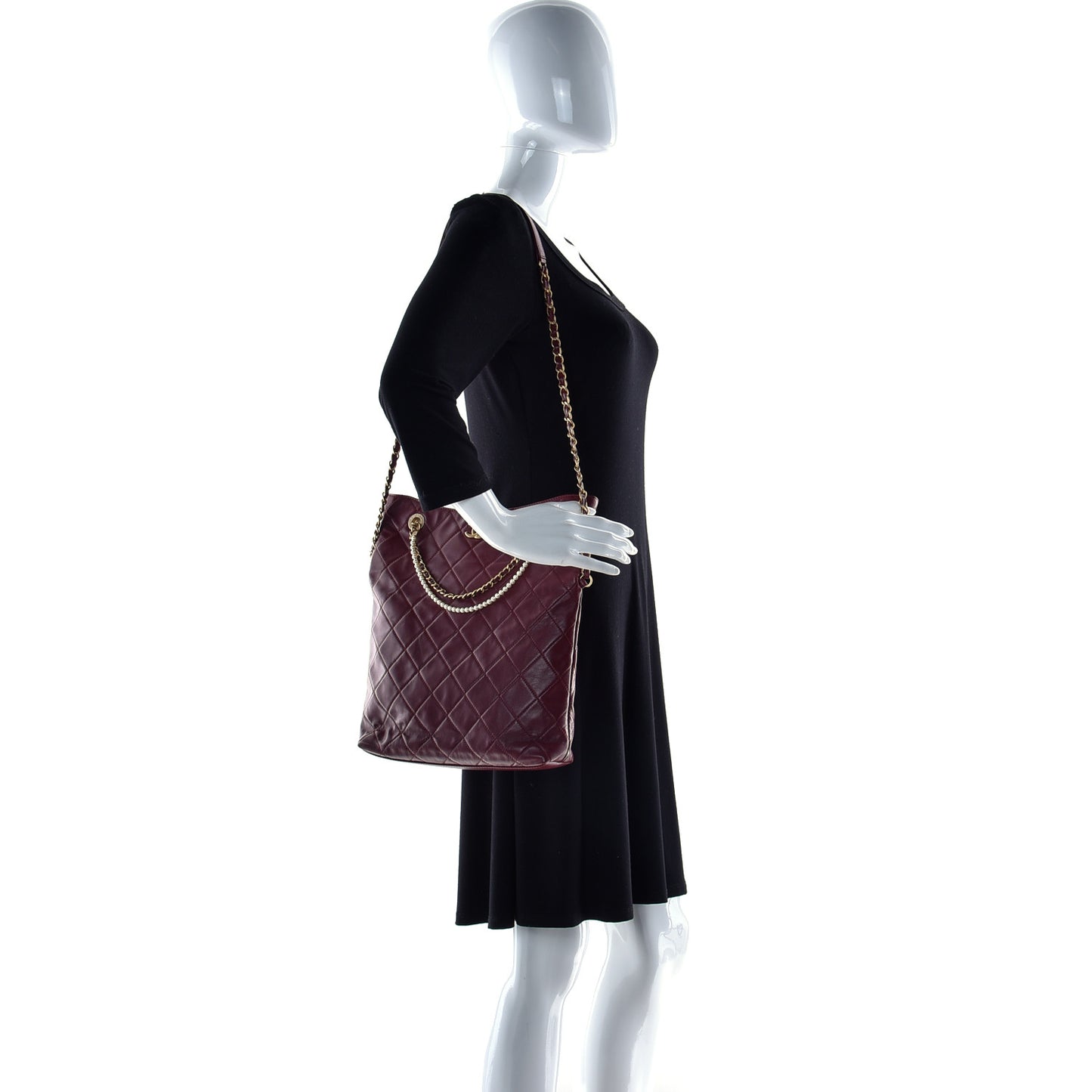 Calfskin Quilted Crystal Pearls Fold Over Shopping Tote Burgundy