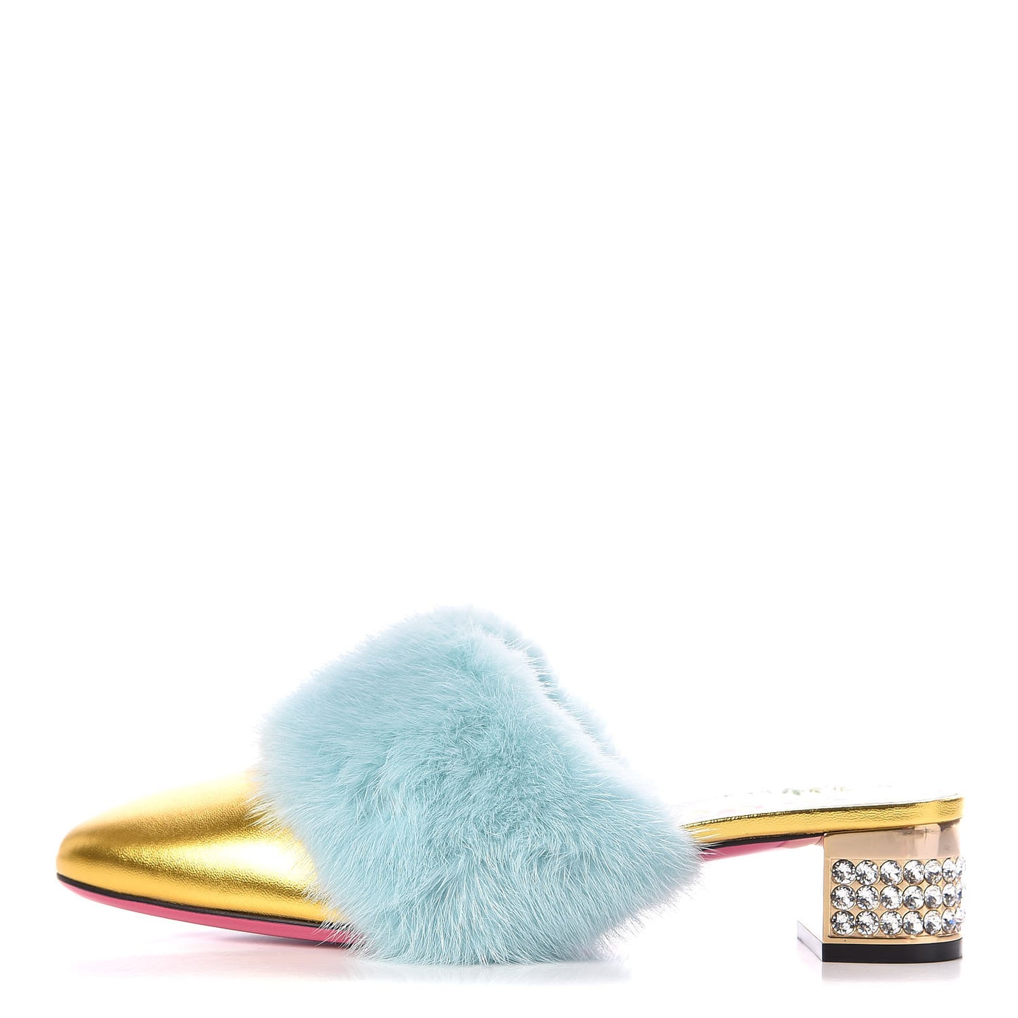 Mink Nappa Crystal Candy Mules 38.5 Vibrant Turquoise Gold