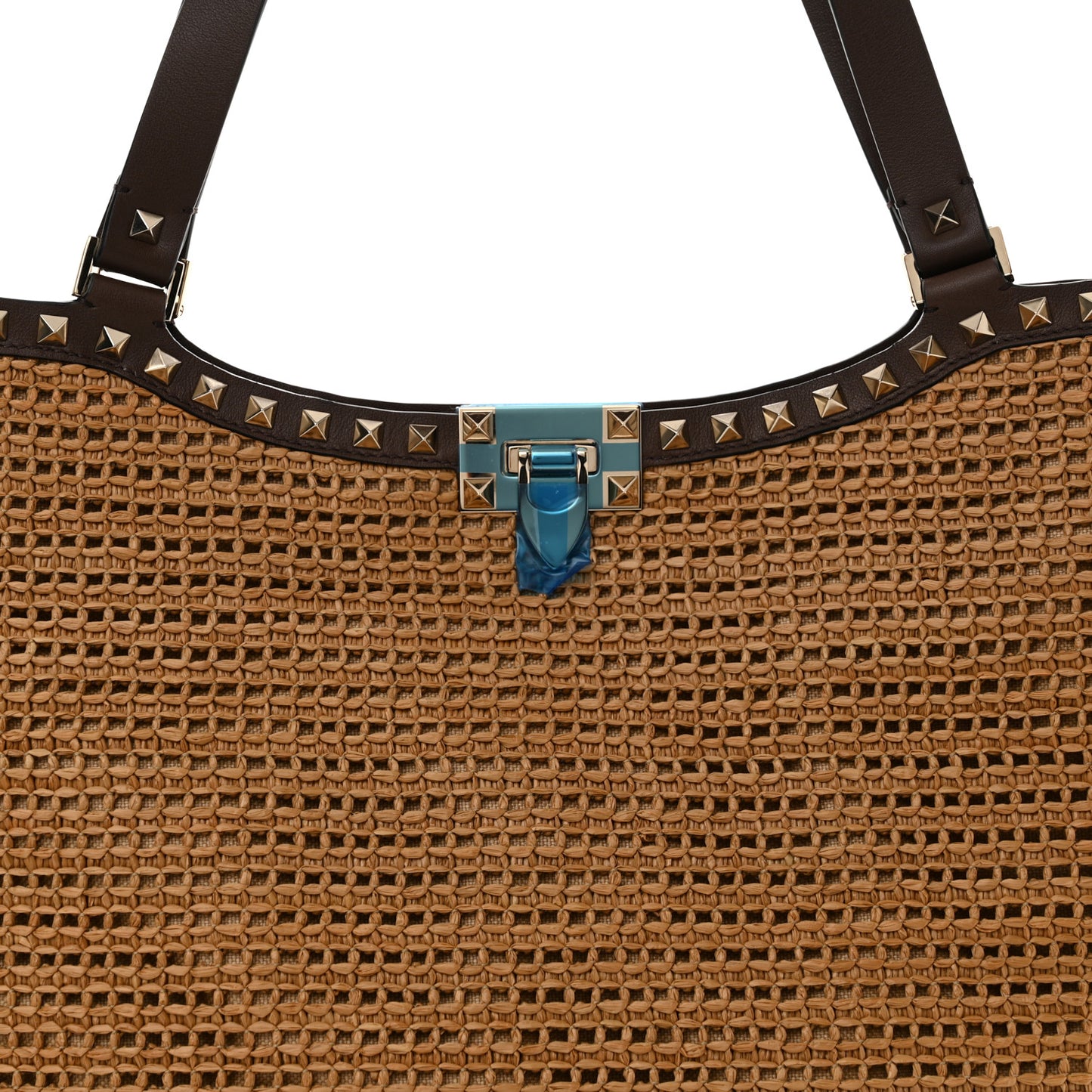Synthetic Raffia Calfskin Rockstud Garden Tote Bag Tobacco Cacao