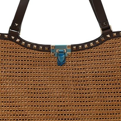 Valentino Garavani Synthetic Raffia Calfskin Rockstud Garden Tote Bag Tobacco Cacao 7 of 9