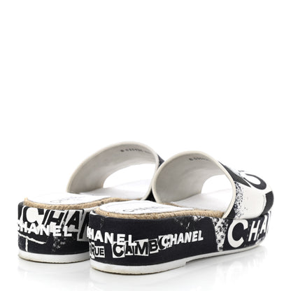 Chanel Fabric Grosgrain Printed CC Espadrille Slip On Sandals 35 White Black 4 of 7