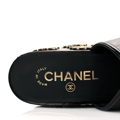Chanel Crumpled Calfskin Camellia Wedge Mules 36 Black 9 of 10