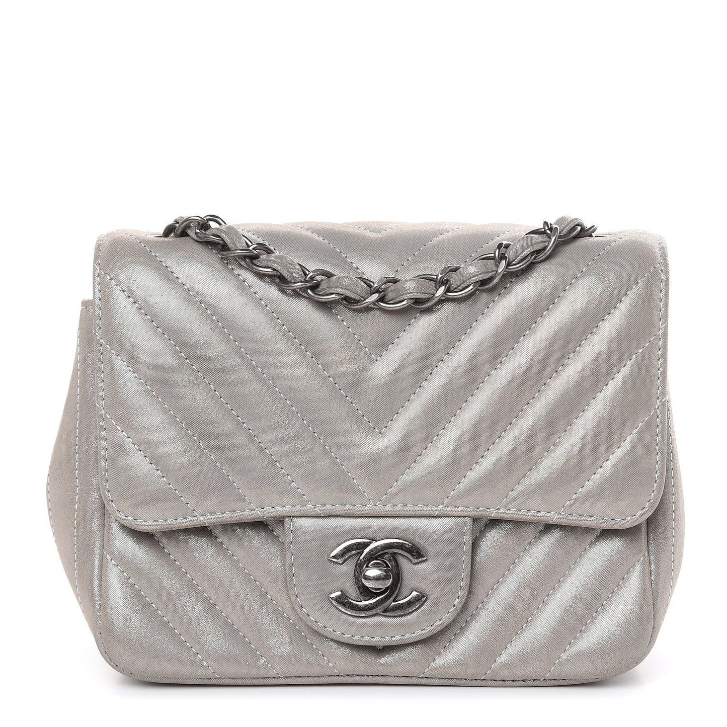 Iridescent Calfskin Chevron Quilted Mini Square Flap Silver