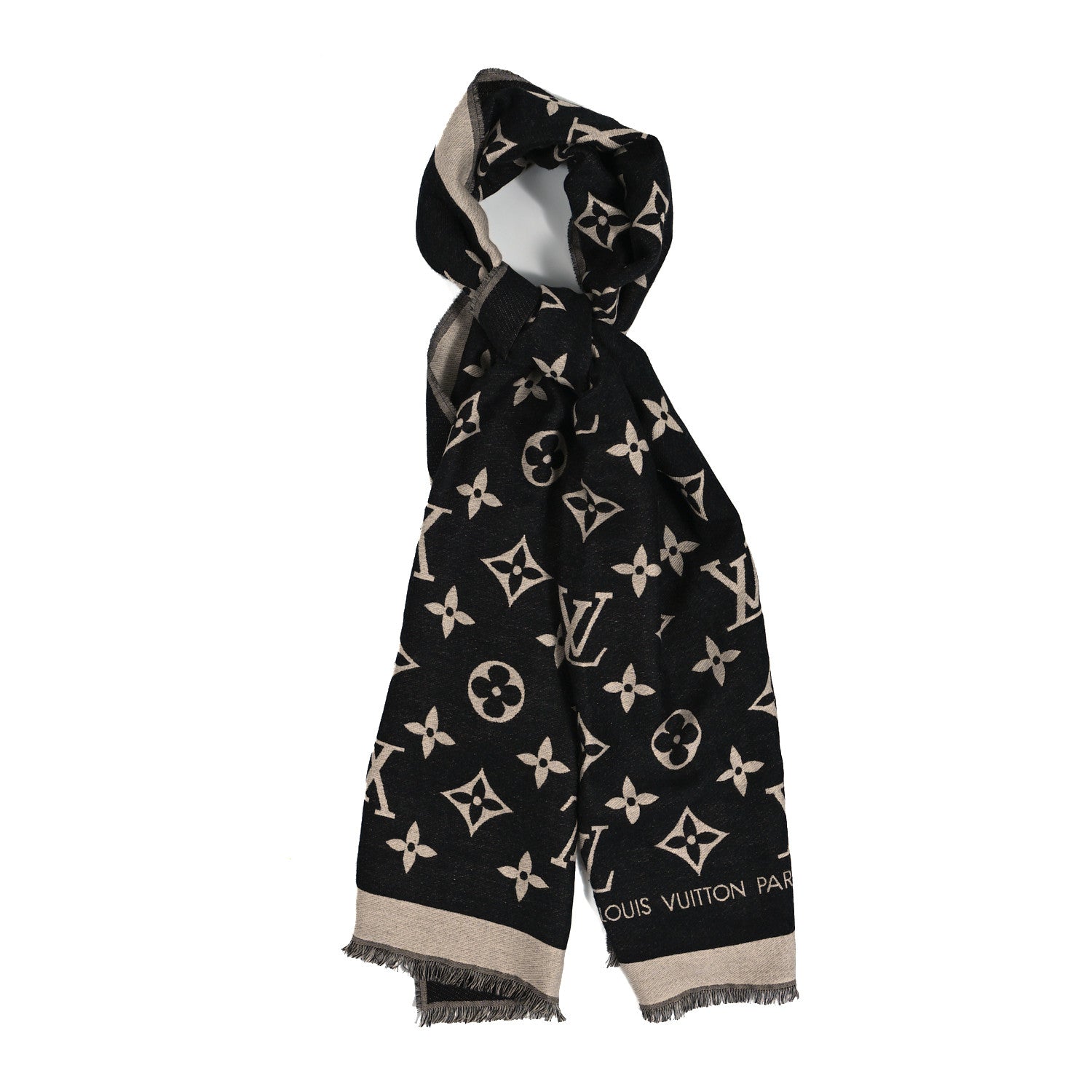 Louis Vuitton Silk Wool Monogram Miss LV Stole Black 1 of 3