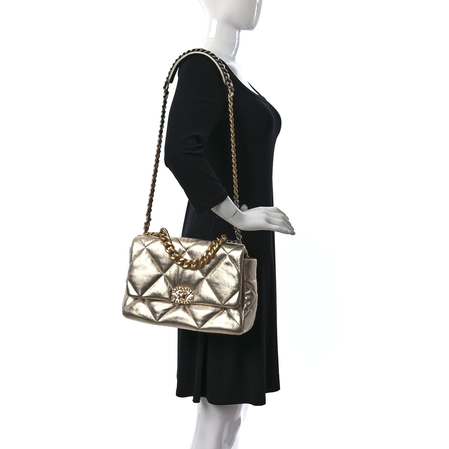 Metallic Lambskin Quilted Large Chanel 19 Flap Gold