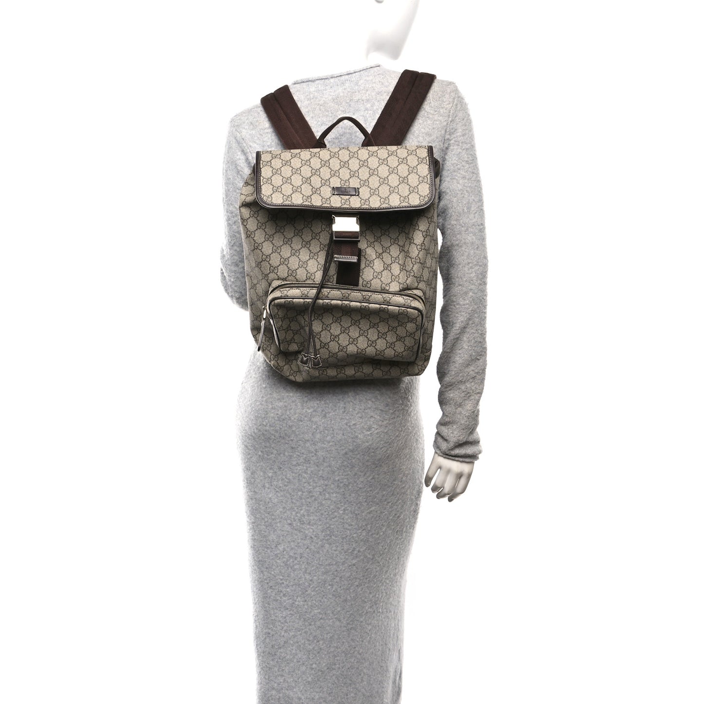 GG Supreme Monogram Medium Single Buckle Rucksack Backpack Beige Ebony Brown