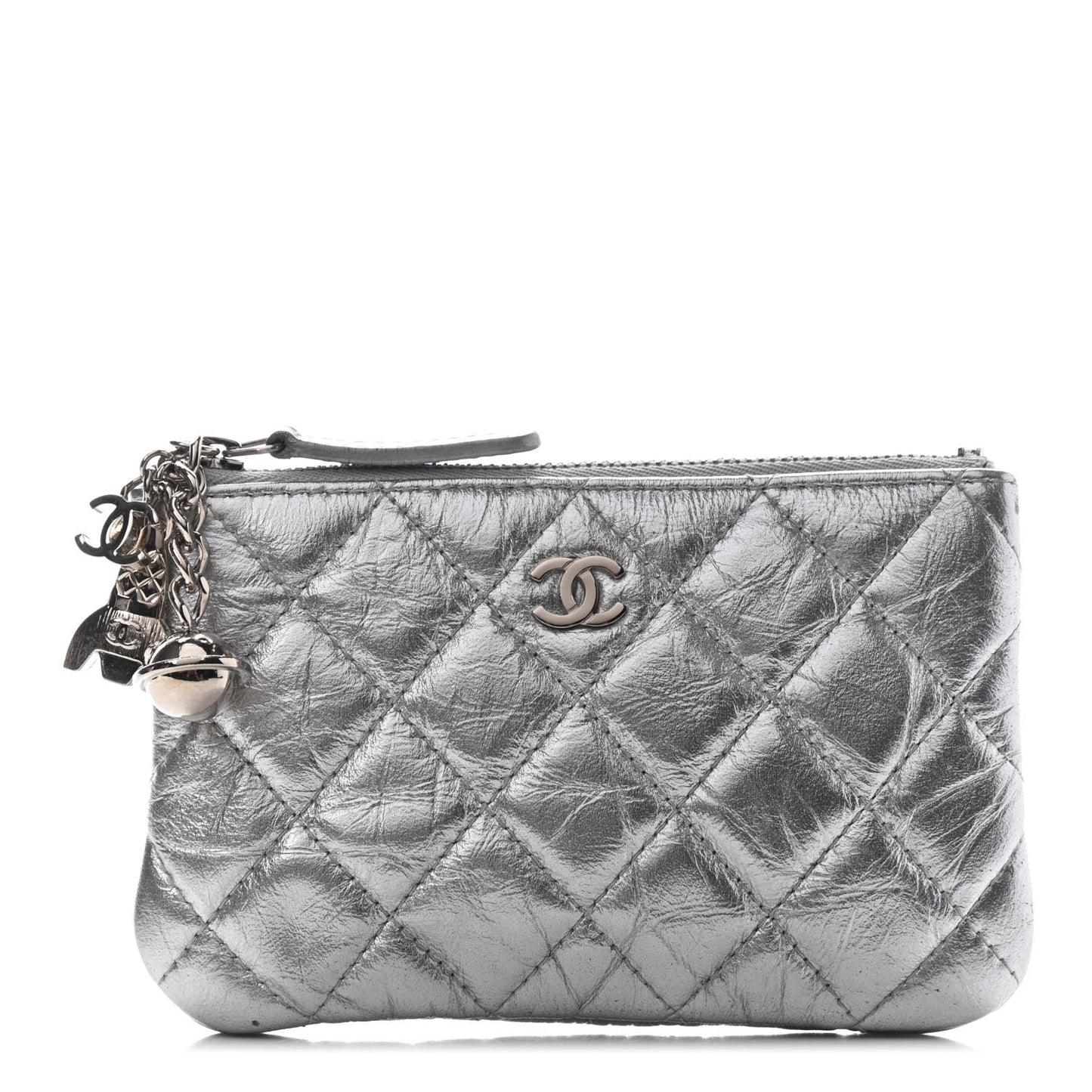 Metallic Calfskin Quilted Small Cosmo Cosmetic Case Silver