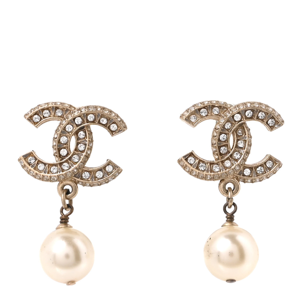 Chanel Crystal Pearl CC Drop Earrings Gold 1 of 5