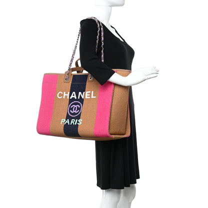 Chanel Straw Raffia Calfskin Striped Large Deauville Tote Dark Beige Fuchsia Navy Blue 2 of 10