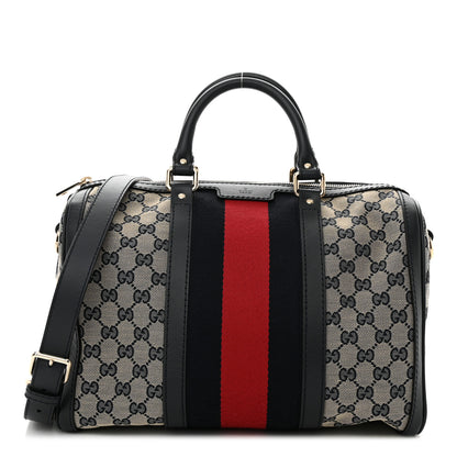 Gucci Monogram Selleria Calfskin Vintage Web Medium Boston Beige Blue 1 of 11