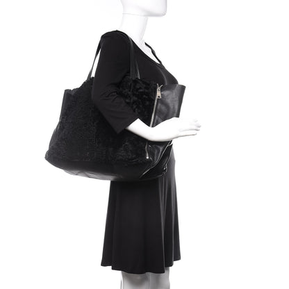 Celine Shiny Smooth Calfskin Shearling Horizontal Cabas Zipper Tote Black 2 of 17