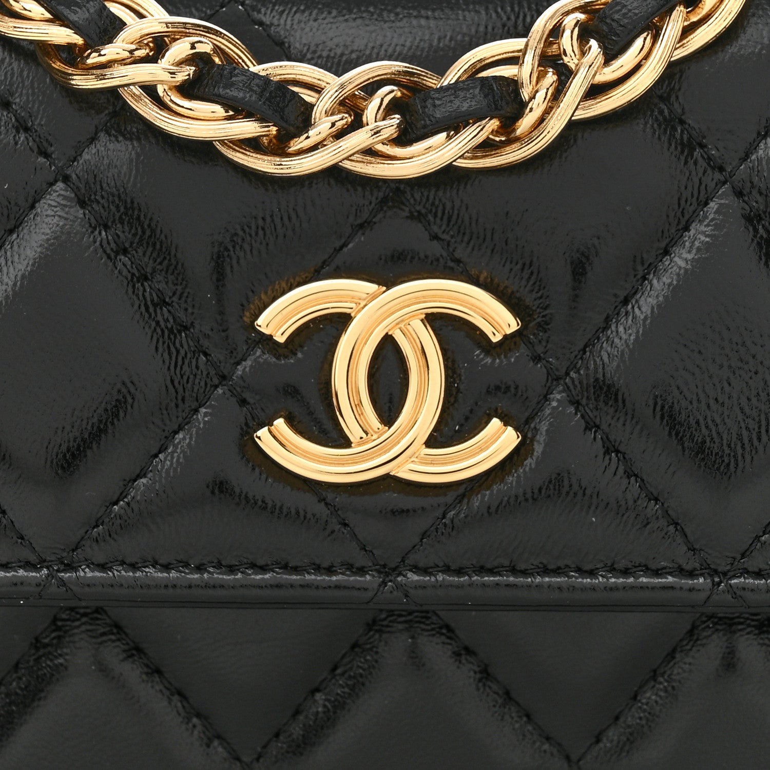 Chanel Shiny Lambskin Quilted Golden Links Top Handle Phone Holder With Chain Black 9 of 12