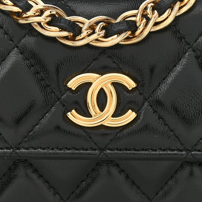 Chanel Shiny Lambskin Quilted Golden Links Top Handle Phone Holder With Chain Black 9 of 12