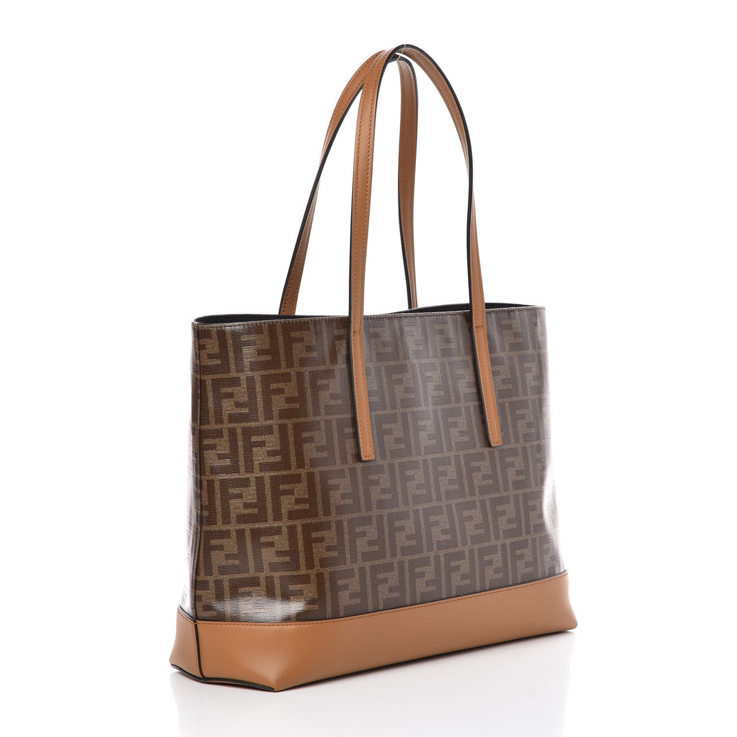 Glazed Fabric Vitello Century FF 1974 Stamp Patch Shopping Tote Mogano Panna Caramello