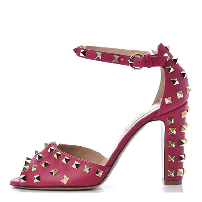 Valentino Garavani Nappa Rockstud All Over Peep Toe Ankle Strap Sandals 38 Dark Pink 1 of 8