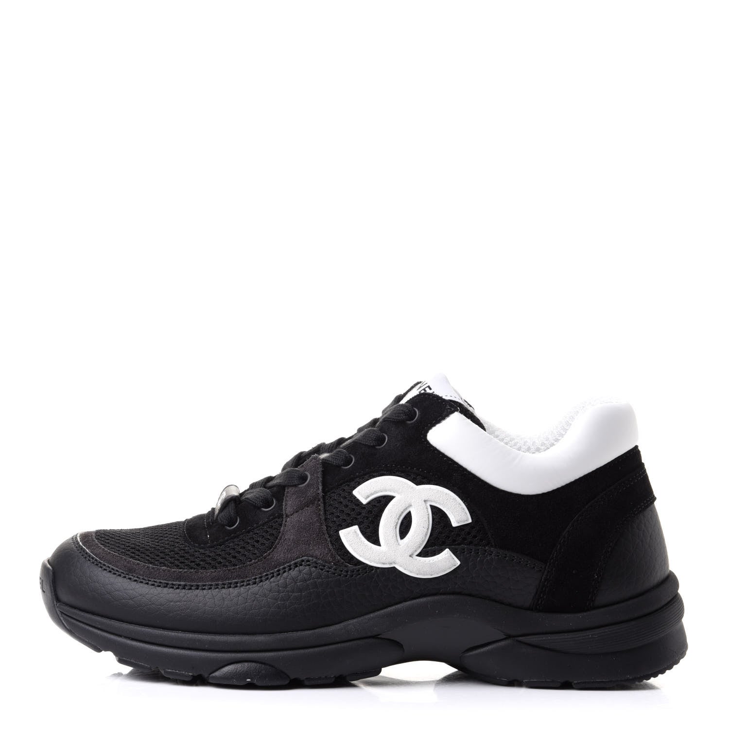 Chanel Mesh Suede Grained Calfskin Womens CC Sneakers 38 Black White 1 of 10