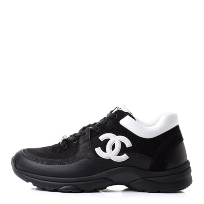 Chanel Mesh Suede Grained Calfskin Womens CC Sneakers 38 Black White 1 of 10