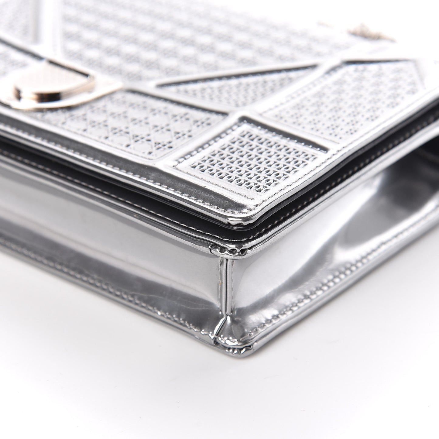 Metallic Patent Micro-Cannage Diorama Wallet on Chain Pouch Silver