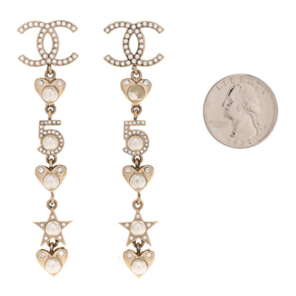 Chanel Crystal Pearl Charming Winter CC Star Heart Drop Earrings Gold 2 of 4